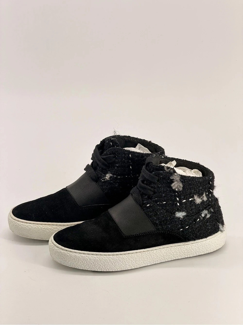 Chanel Tweed and Suede Mid-Top Sneakers Black & White EU 36.5